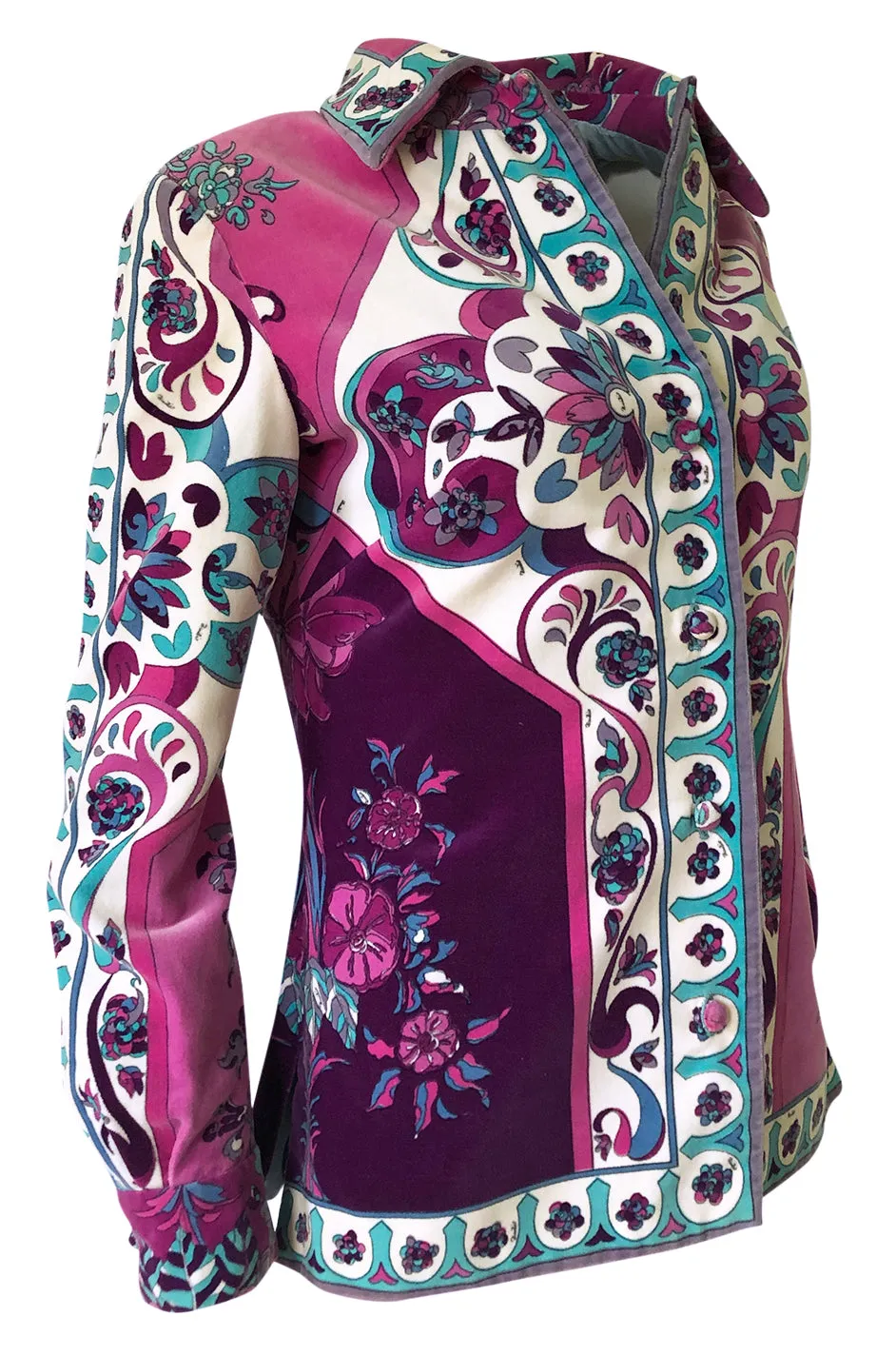 1960s Emilio Pucci Pink, Lavender & Baby Blue Print Cotton Velvet Jacket