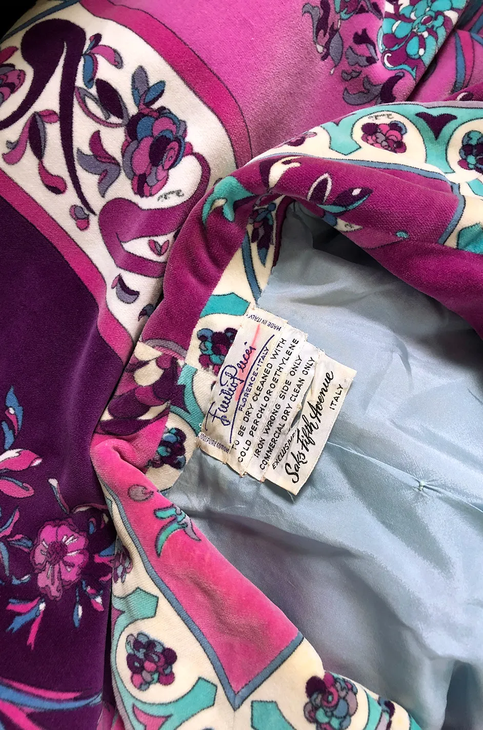 1960s Emilio Pucci Pink, Lavender & Baby Blue Print Cotton Velvet Jacket