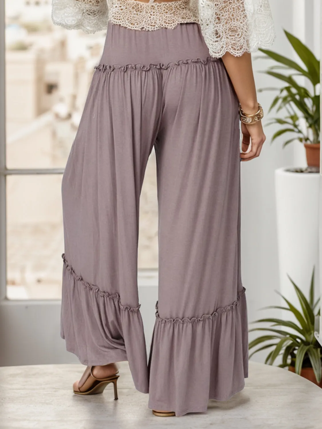 Breezy Ruffle Hem Wide Leg Trim Pants