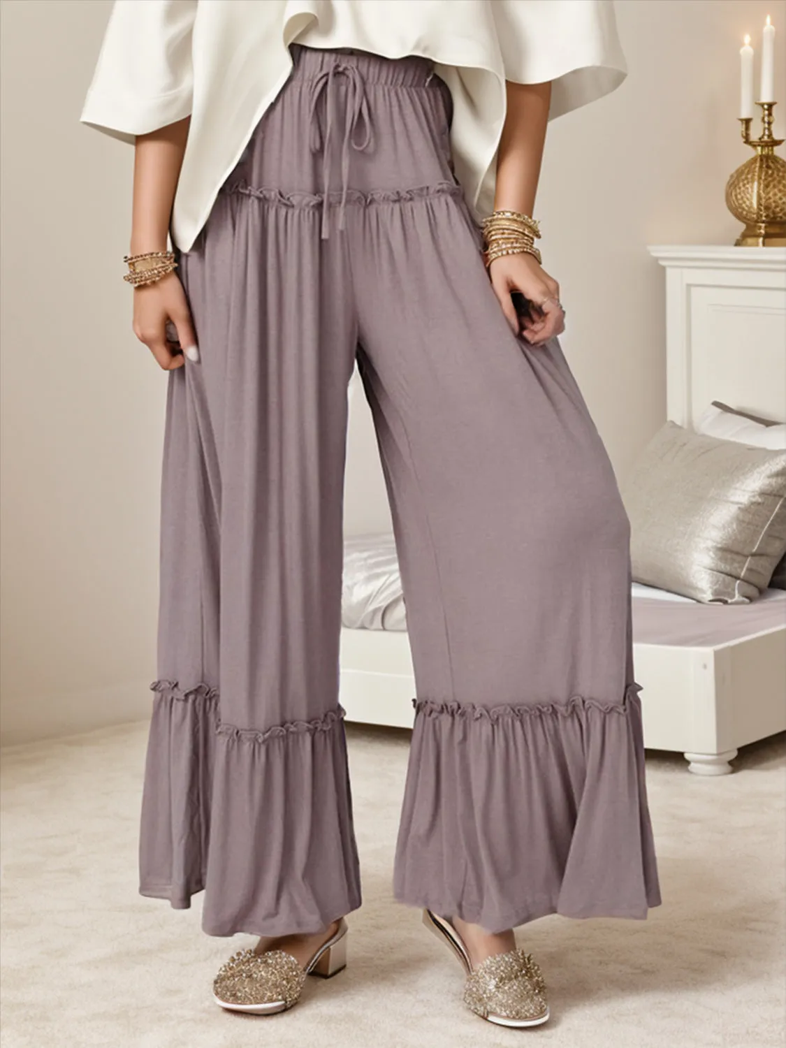 Breezy Ruffle Hem Wide Leg Trim Pants