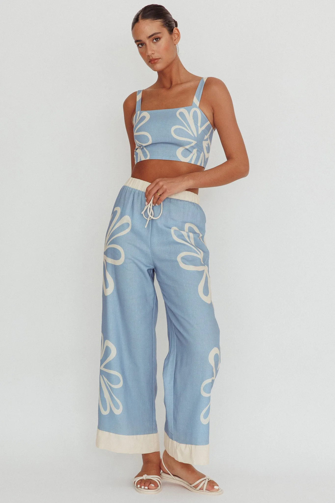 Briar Floral Wide Leg Pants Beige Blue