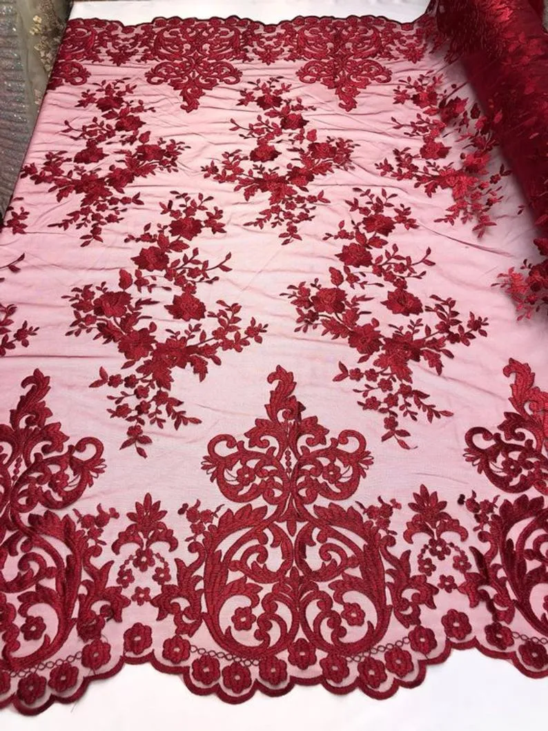 Burgundy Floral Flower Mesh Lace Embroidery Design Fabric By The Yard For Tablecloths, Wedding Prom Dresses, Night gowns, Skirts, Runners