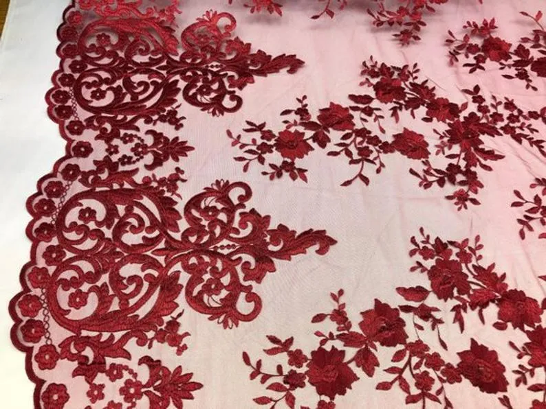 Burgundy Floral Flower Mesh Lace Embroidery Design Fabric By The Yard For Tablecloths, Wedding Prom Dresses, Night gowns, Skirts, Runners