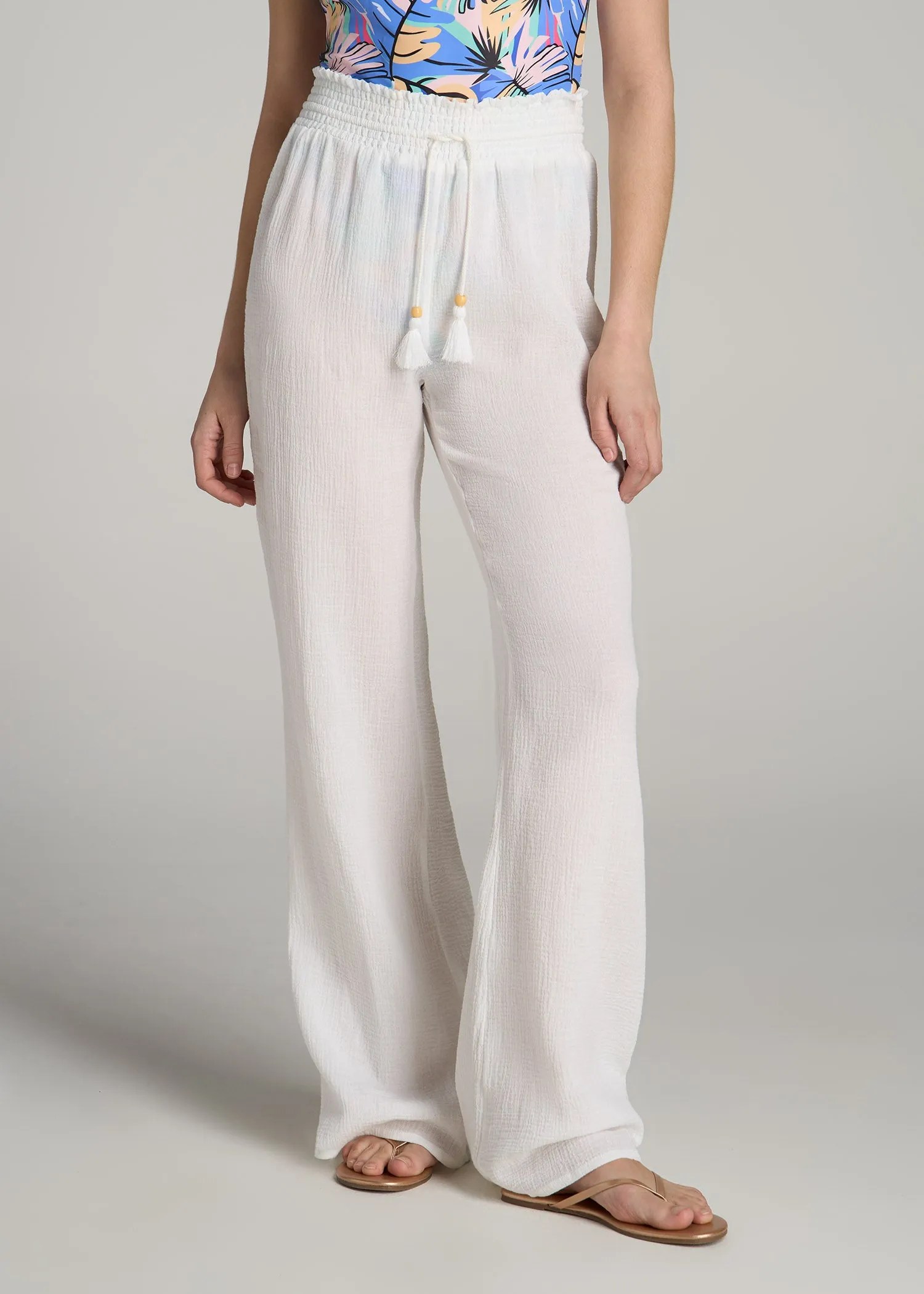 Gauze Cover Up Pants for Tall Women in Bright White