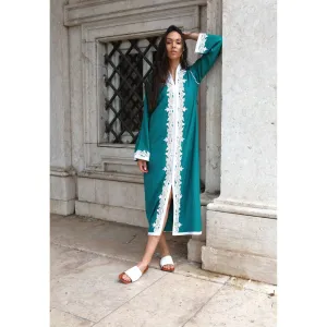 Green & White Karima Kaftan Caftan-Moroccan Kaftan