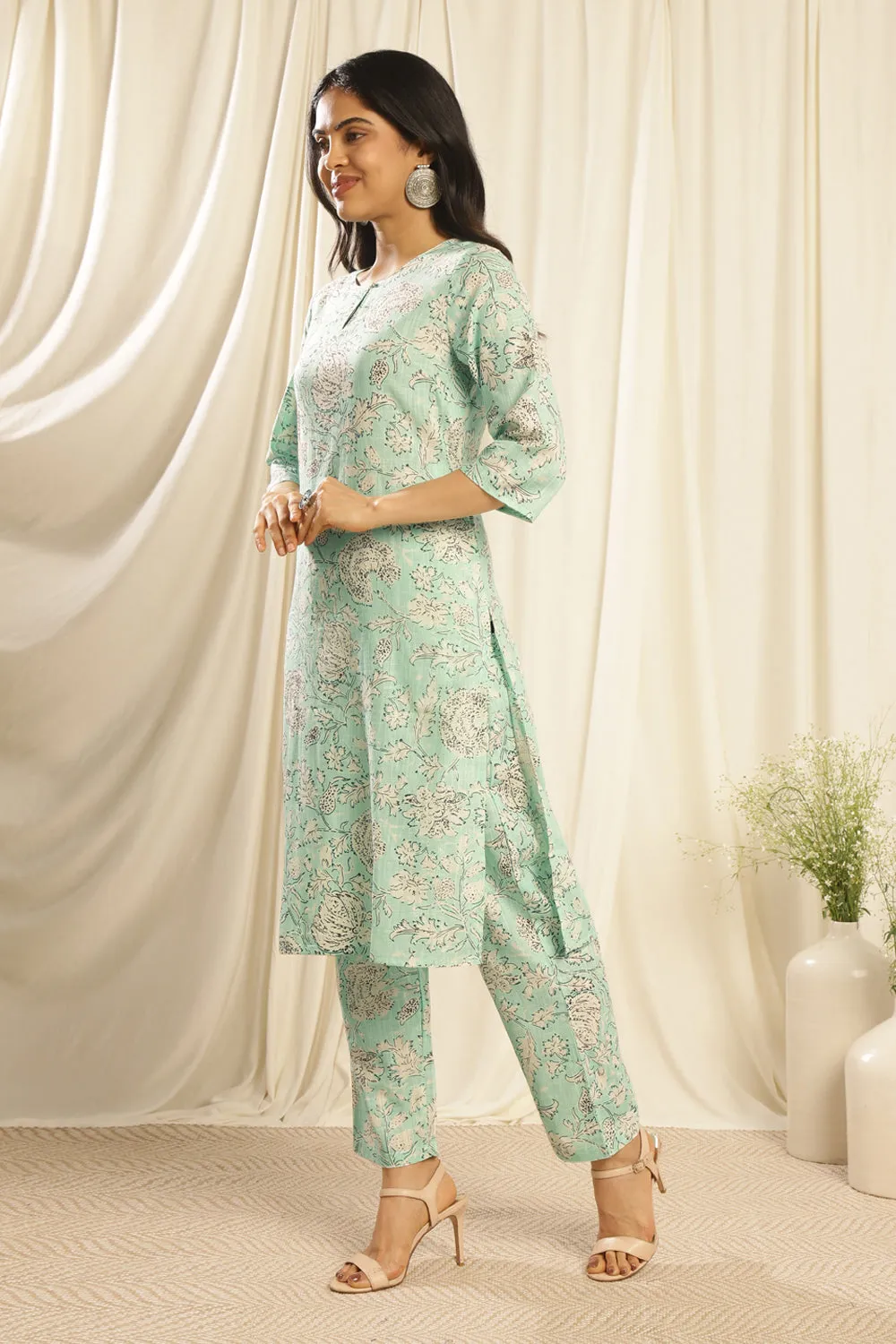 Green Cotton Hand Block Print Breezy 3-Piece Kurta Set