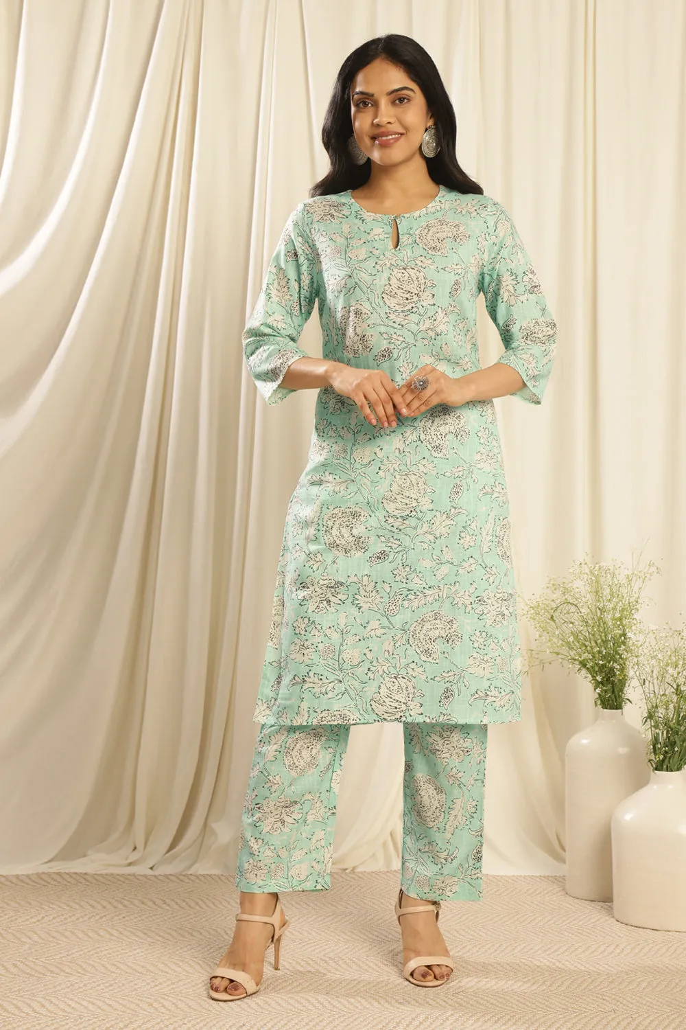 Green Cotton Hand Block Print Breezy 3-Piece Kurta Set