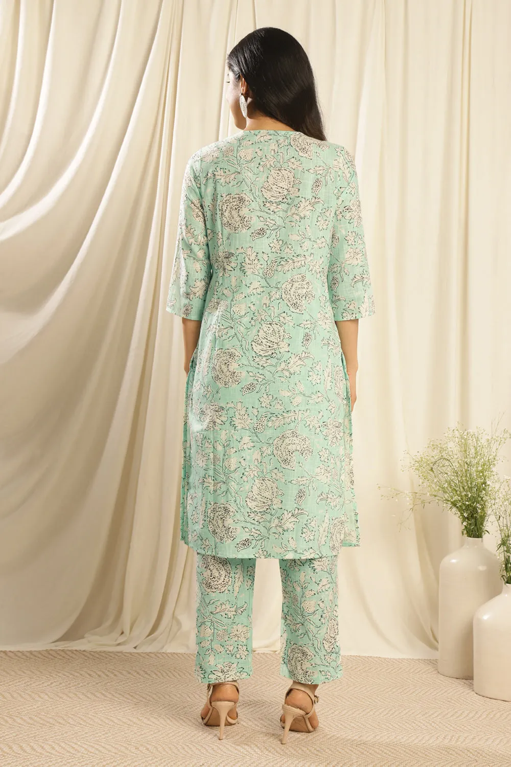 Green Cotton Hand Block Print Breezy 3-Piece Kurta Set