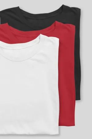 Pack Of 3 Plain T-shirts White Black and Red for Men