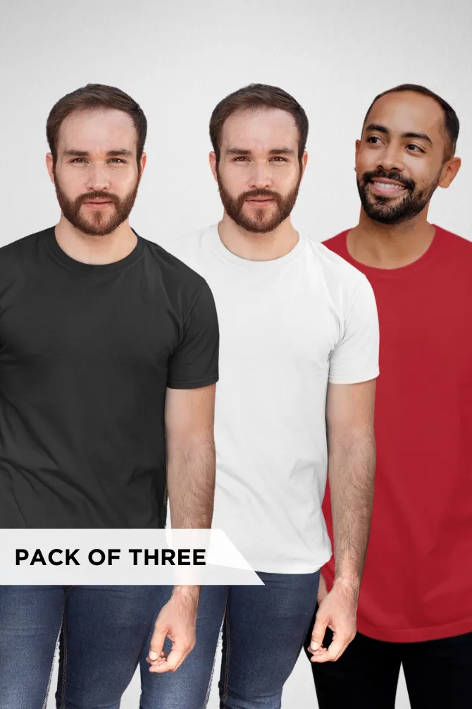 Pack Of 3 Plain T-shirts White Black and Red for Men