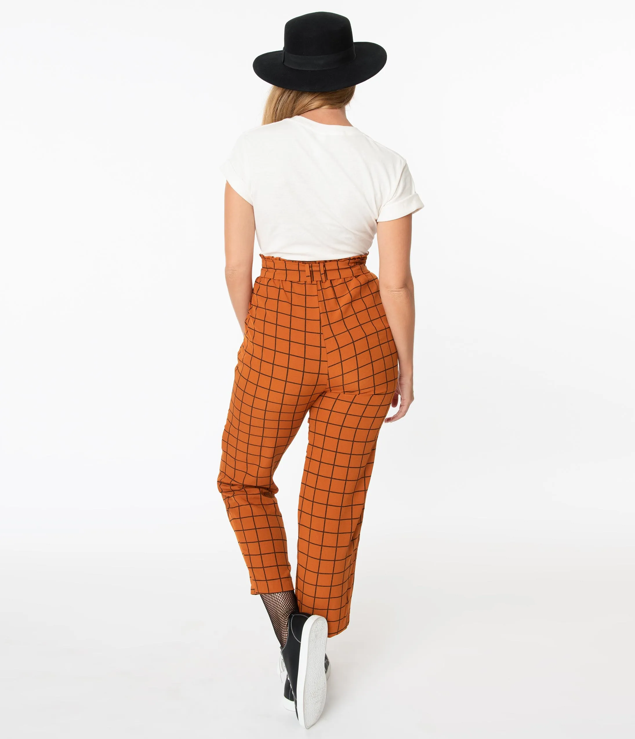 Retro Style Rust Orange & Black Windowpane Check Capri Pants