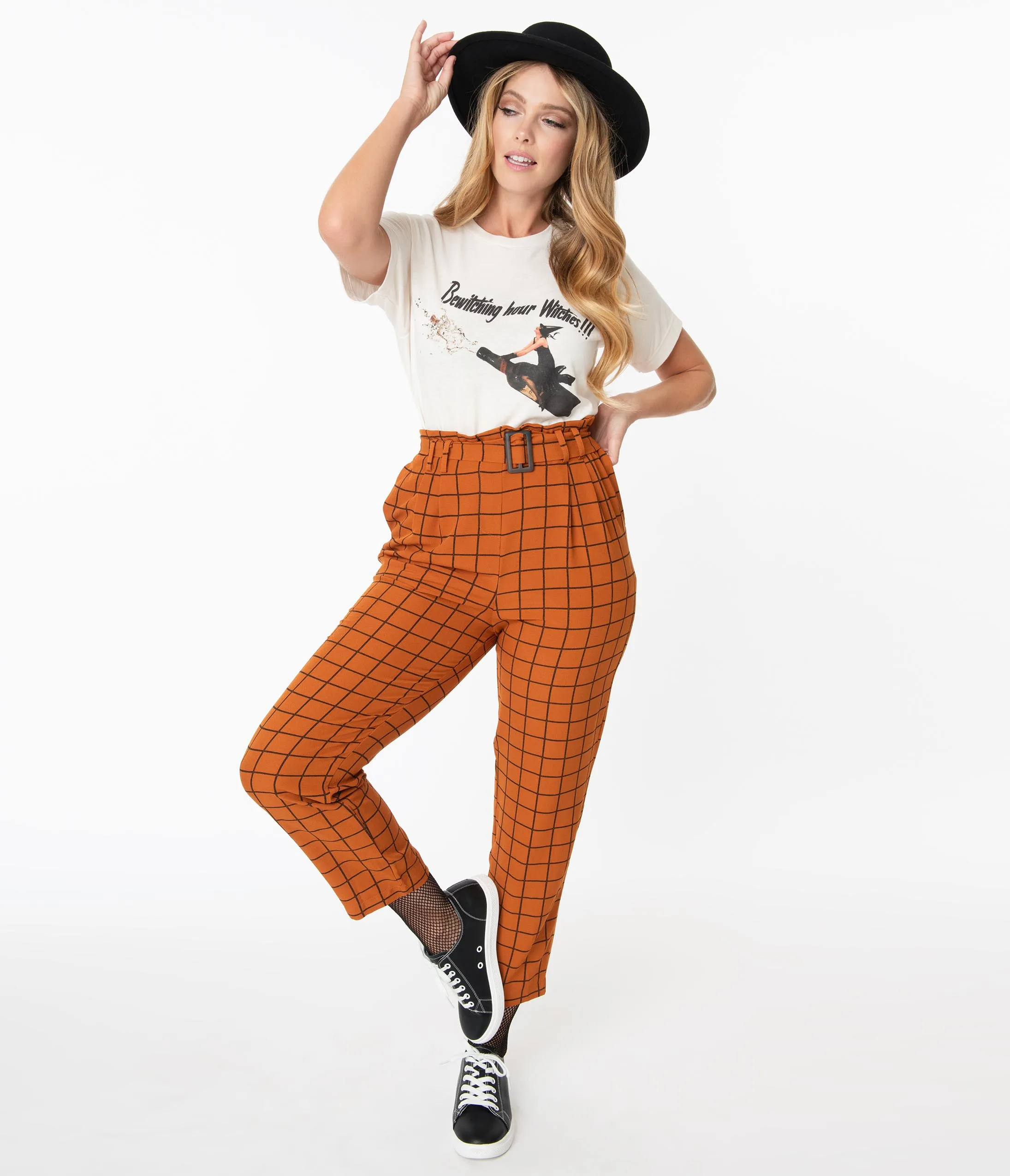 Retro Style Rust Orange & Black Windowpane Check Capri Pants