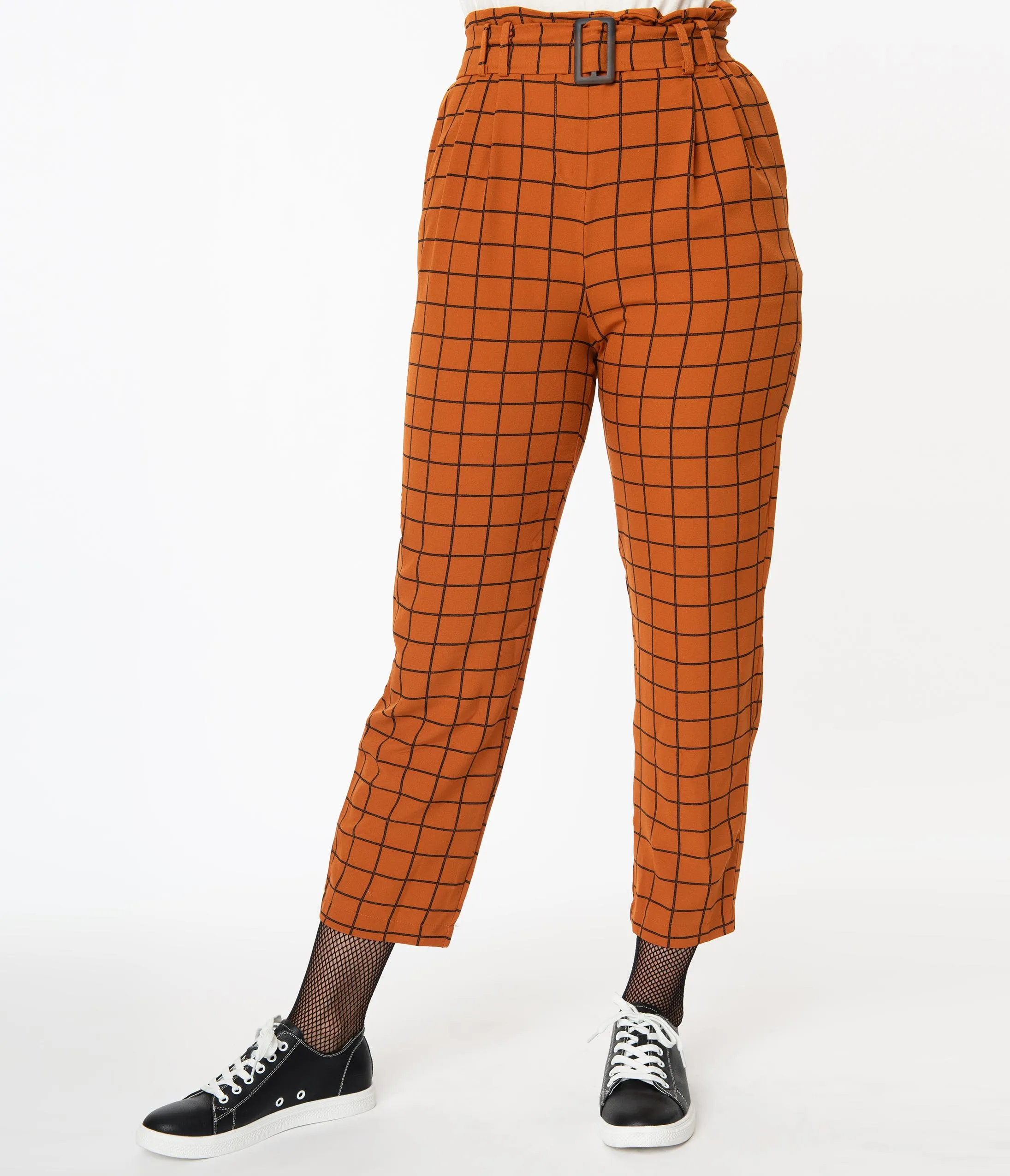 Retro Style Rust Orange & Black Windowpane Check Capri Pants