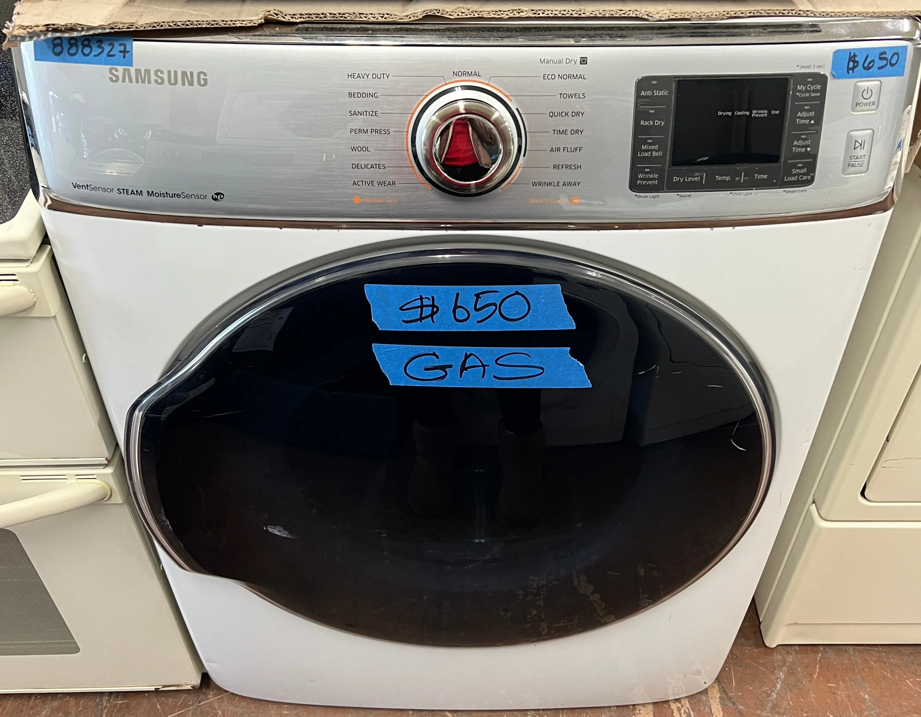 Samsung  DV56H9100GW 30 Inch 9.5 cu. ft. Gas Dryer 15 Dry Cycles, 5 Temperature Settings, Steam, Vent Sensor, Sanitize Cycle, Wrinkle Prevent, Smart Care, Dryer Rack, Sensor Dry Moisture Sensor, White , 888327