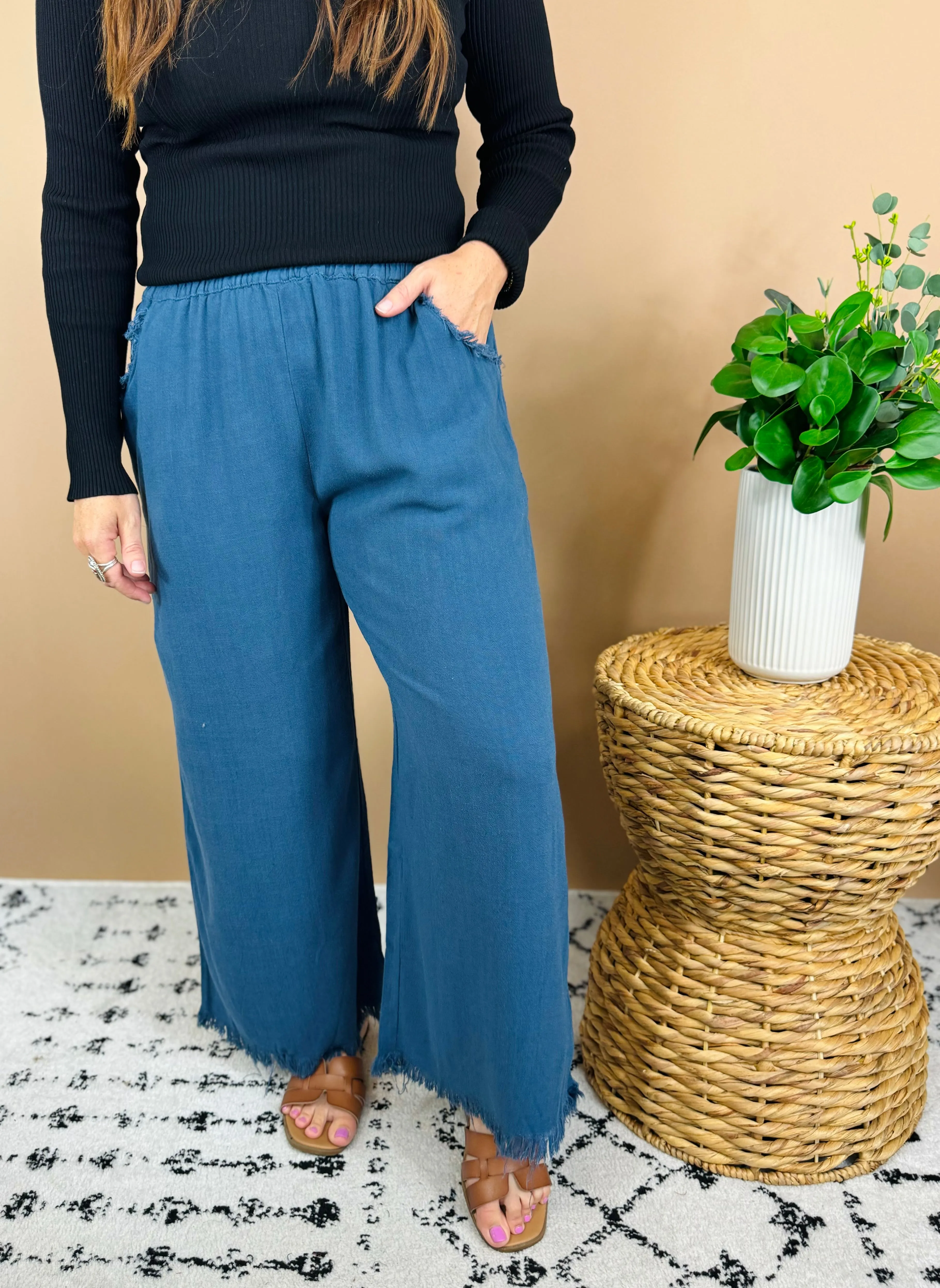 Slate Blue Linen Wide Leg Pants