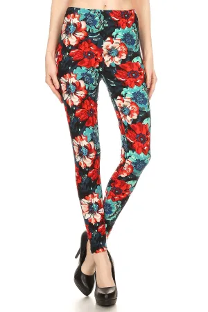 Women's 3 X 5X Red Blue Rose Pattern Printed Leggings