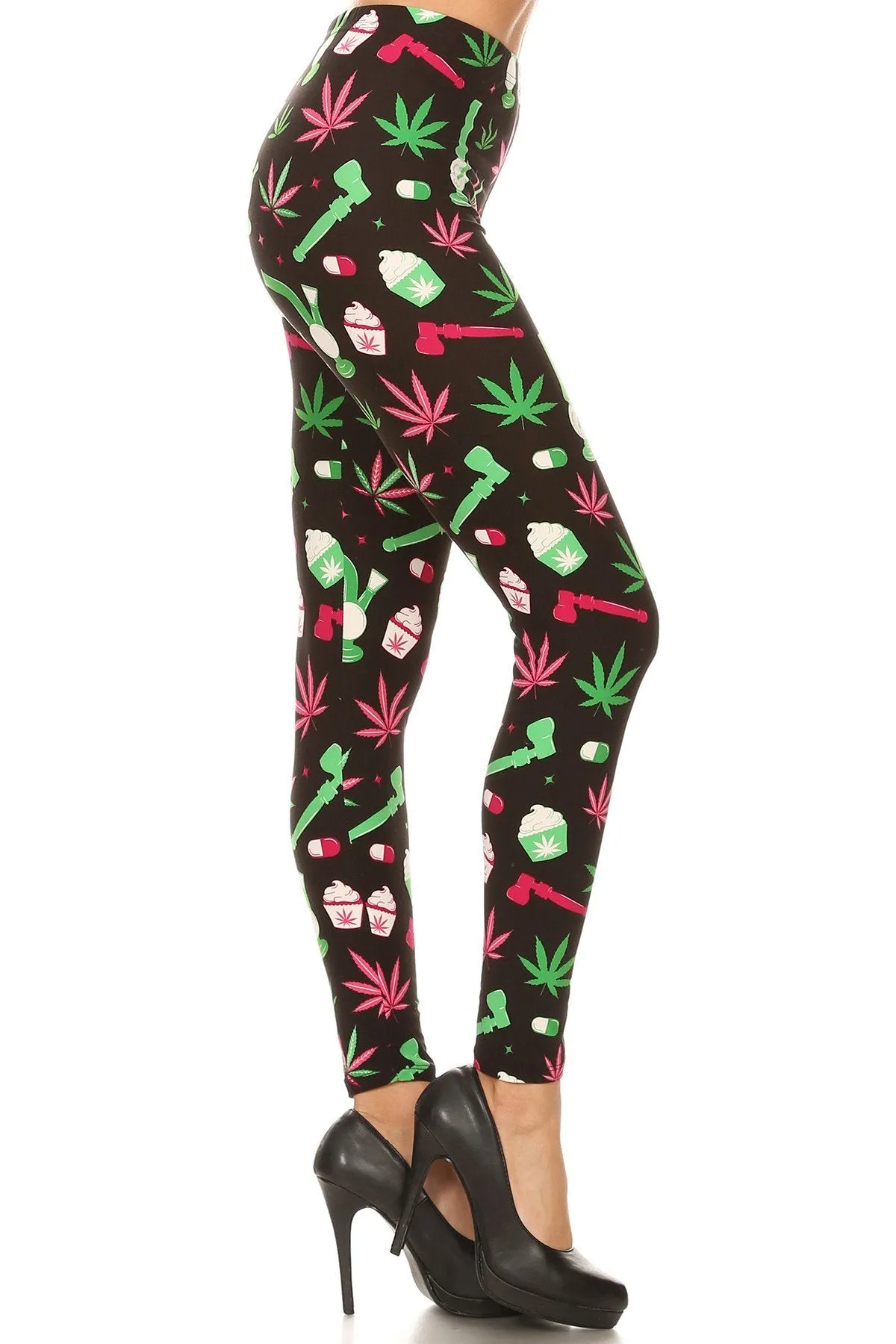 Women's 3X 5X Green Leaf Cannabis Pattern Print Leggings