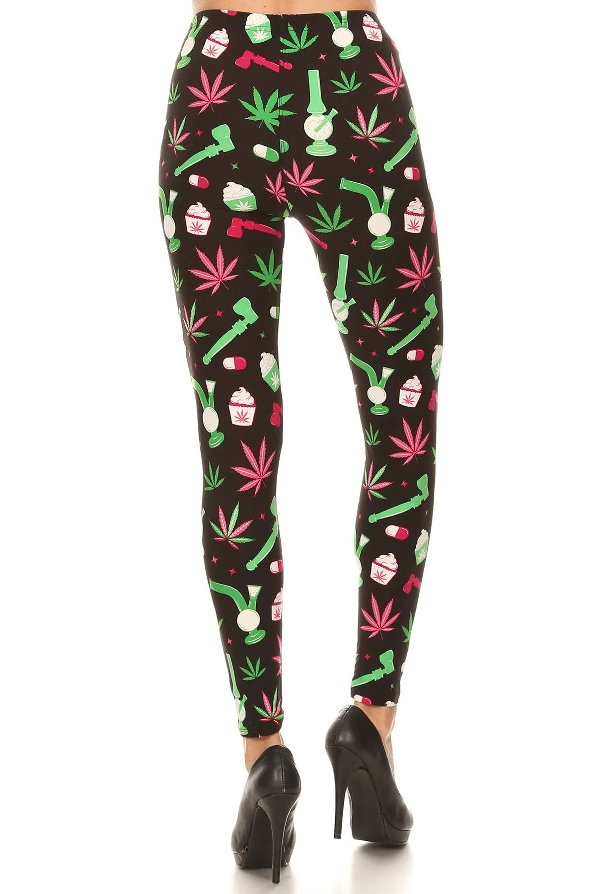 Women's 3X 5X Green Leaf Cannabis Pattern Print Leggings