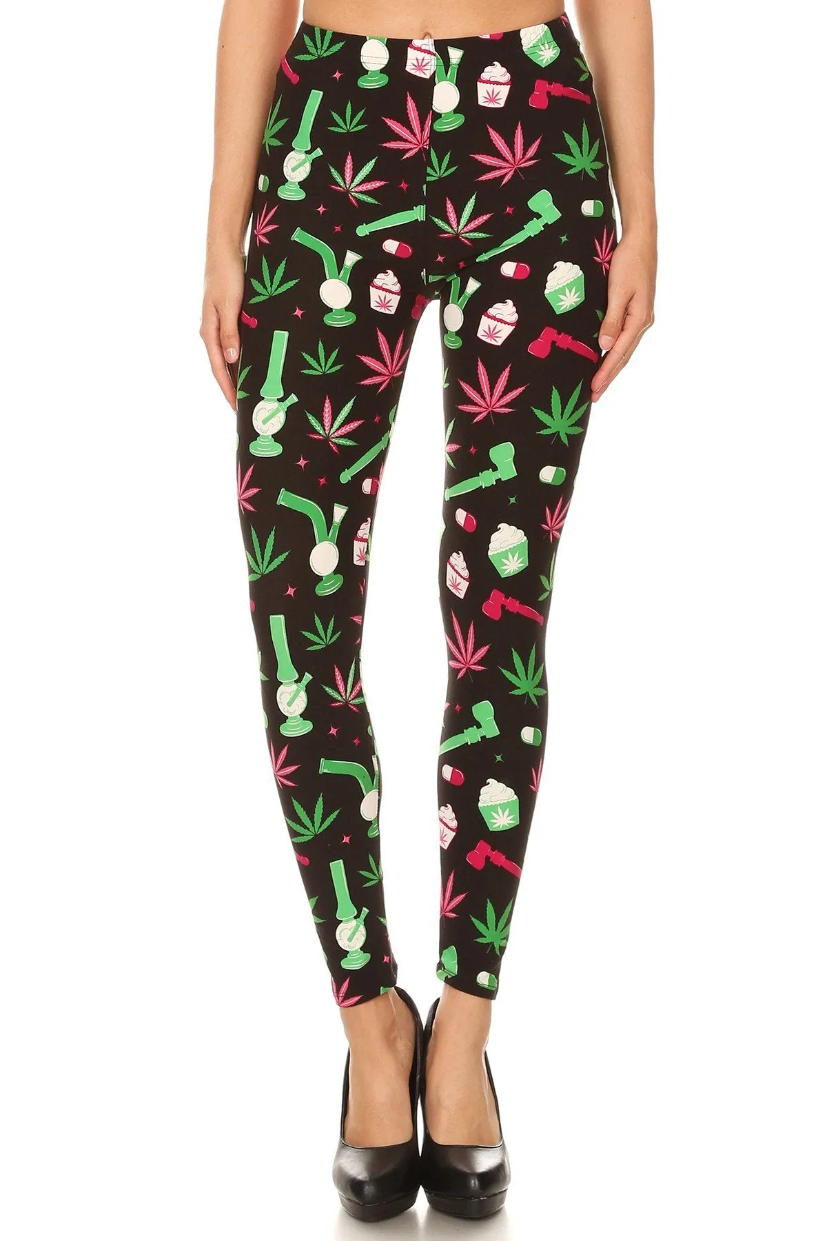 Women's 3X 5X Green Leaf Cannabis Pattern Print Leggings