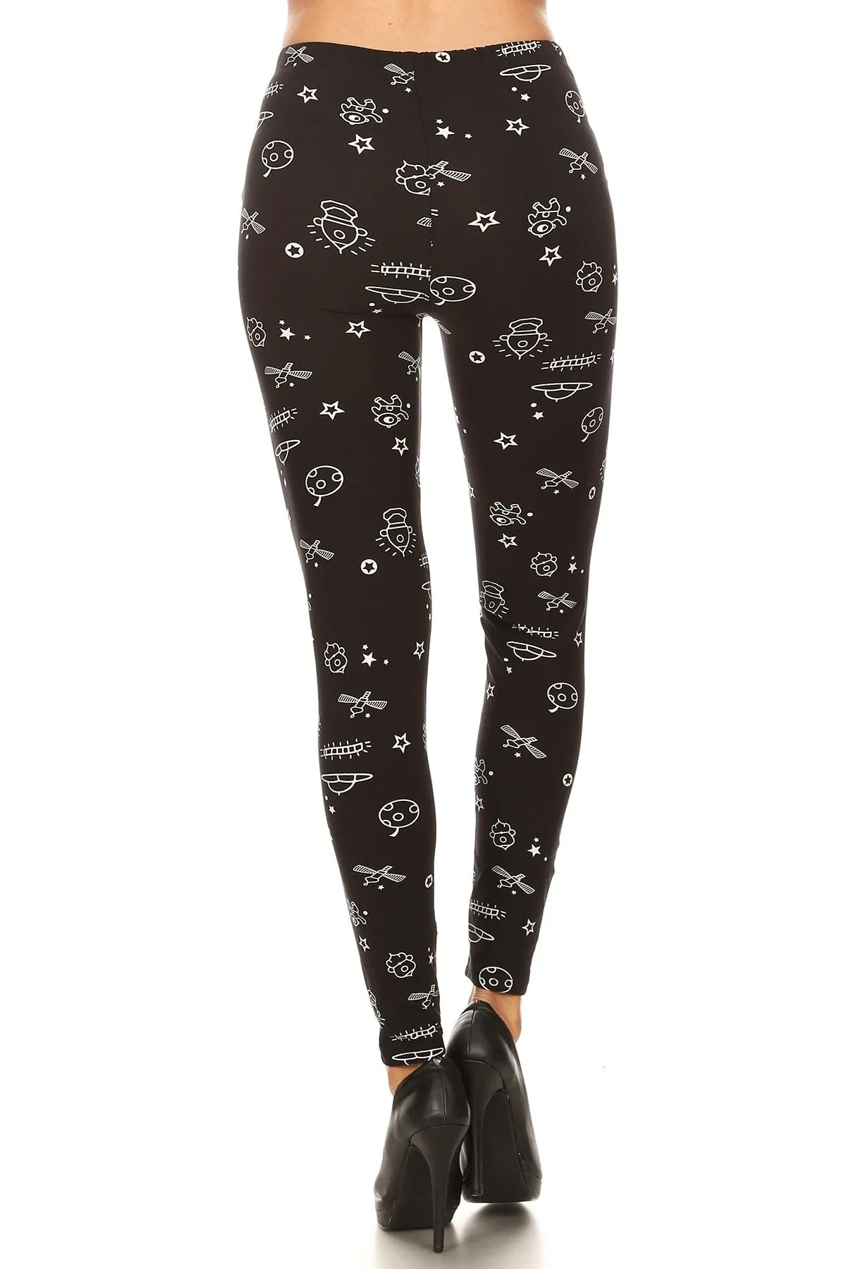 Women's Plus B&W Outer Space Pattern Printed Leggings