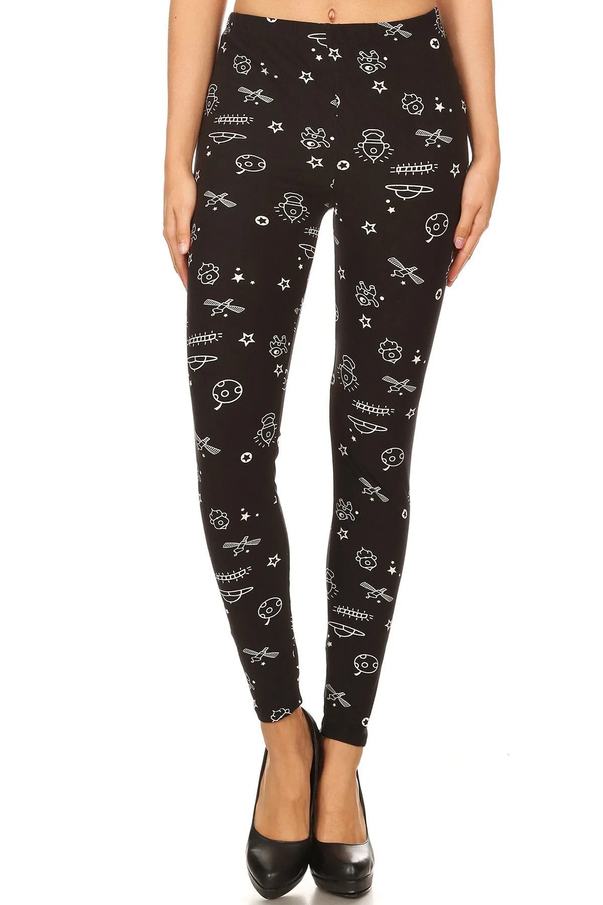 Women's Plus B&W Outer Space Pattern Printed Leggings