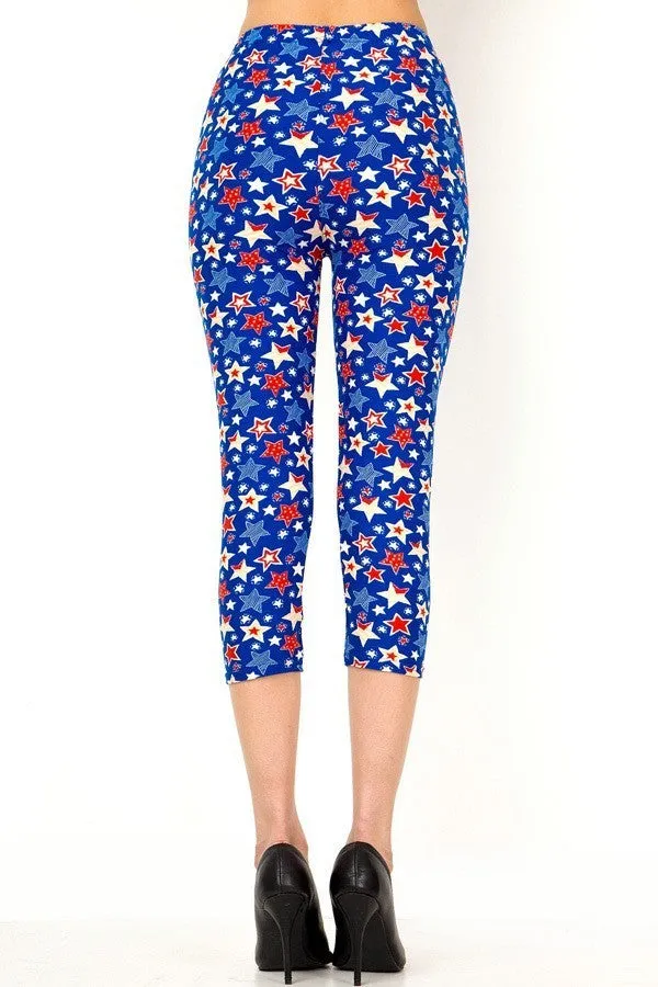 Women's Plus Blue Red Star American Flag Printed Cropped Capri Leggings