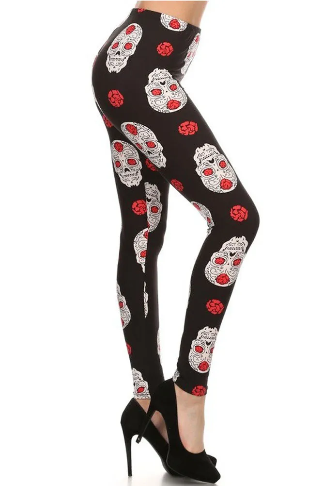 Women's Plus Skull Heads Rose Pattern Printed Leggings